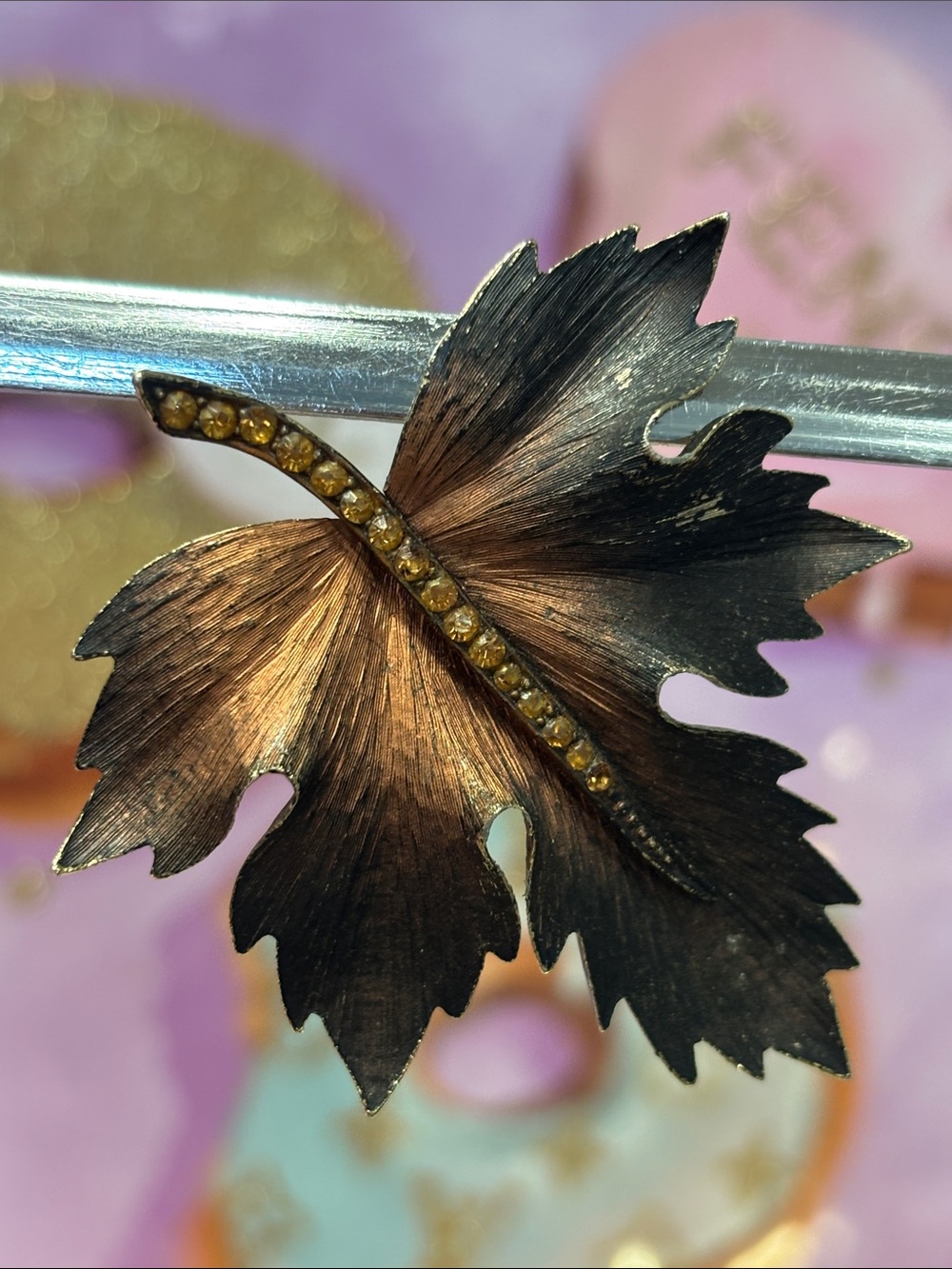 Vintage Leaf Brooch with Amber Rhinestones